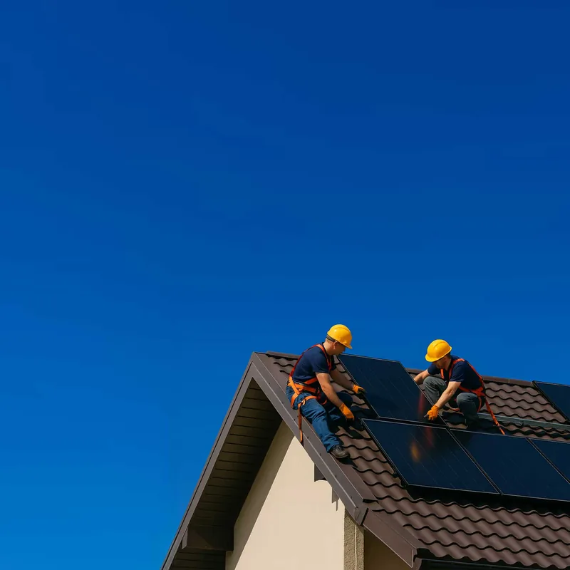 Two workers wearing yellow safety helmets and harnesses installing solar panels on a dark-tiled roof under a clear blue sky.