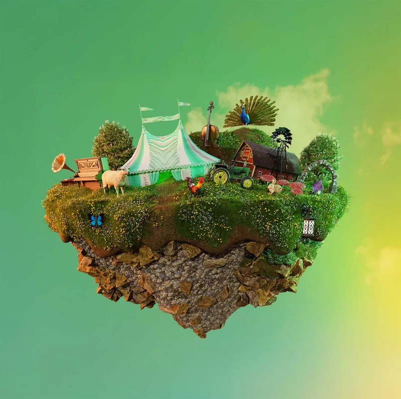 A floating island covered with grass, rocks, and small trees featuring a white tent, a peacock with its tail feathers spread, a red barn, a green tractor, a windmill, a sheep, a rooster, rabbits, a gramophone, a cello, a lantern, and a blue butterfly against a green sky.