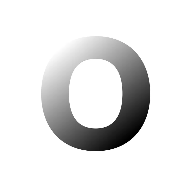 Large letter O with a black-to-white gradient fill on a white background.