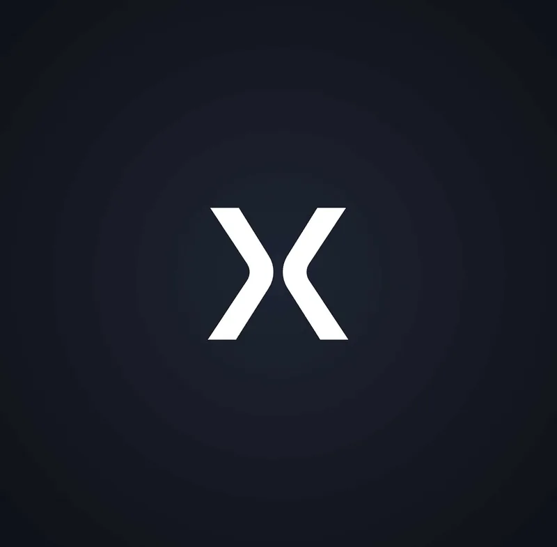 White abstract symbol resembling two mirrored angular shapes facing each other on a dark gradient background.