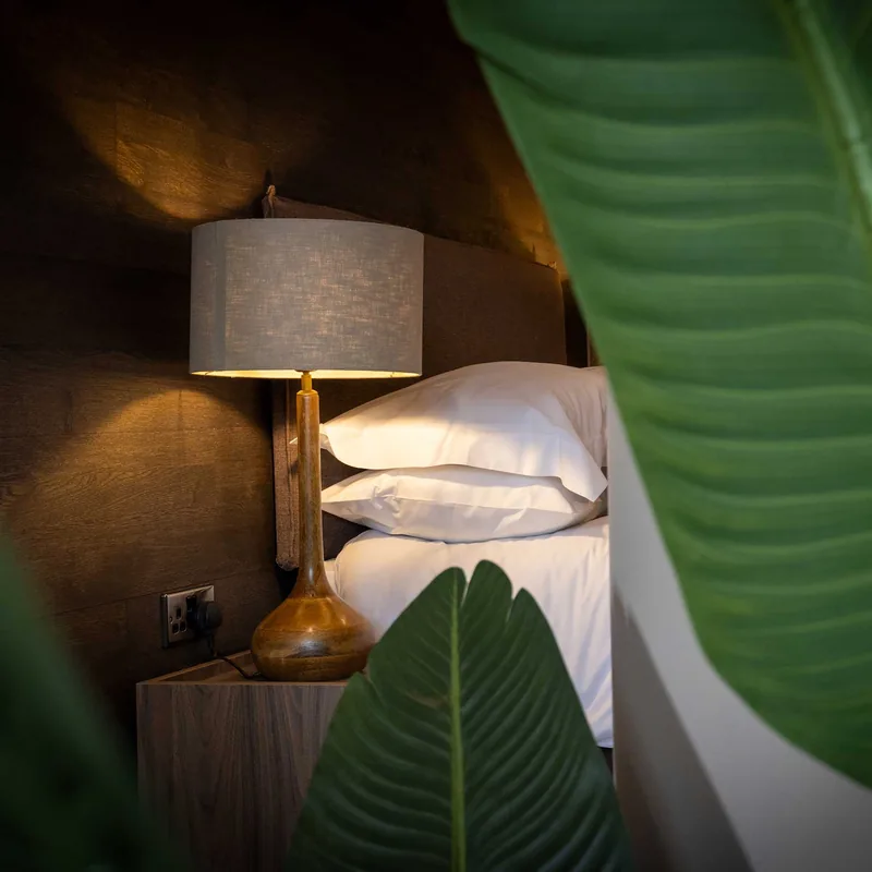A bedside table with a brown lamp and a neatly made bed with two white pillows, viewed partially through large green leaves.