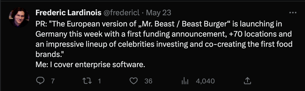 A Tweet from Frederic Lardinois at TechCrunch