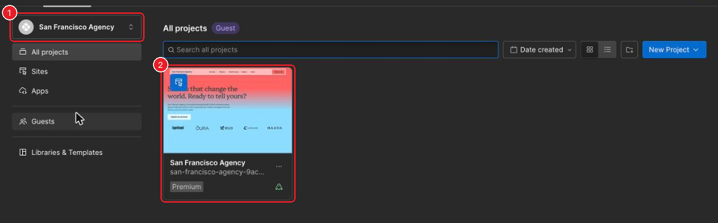 Webflow dashboard with the workspace picker and the San Francisco Agency site card