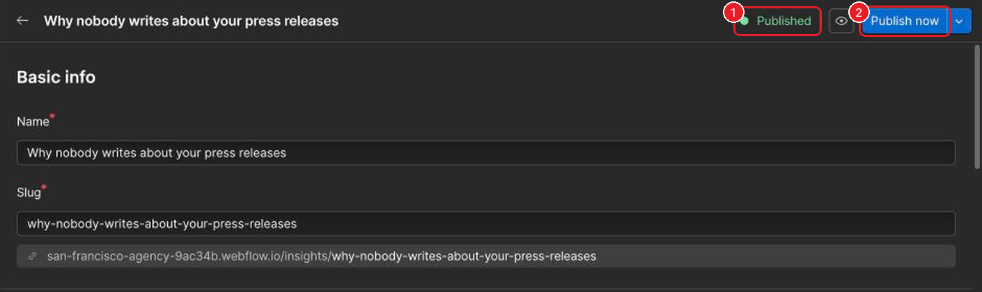 An open Insights post with its Published status and the Publish now button