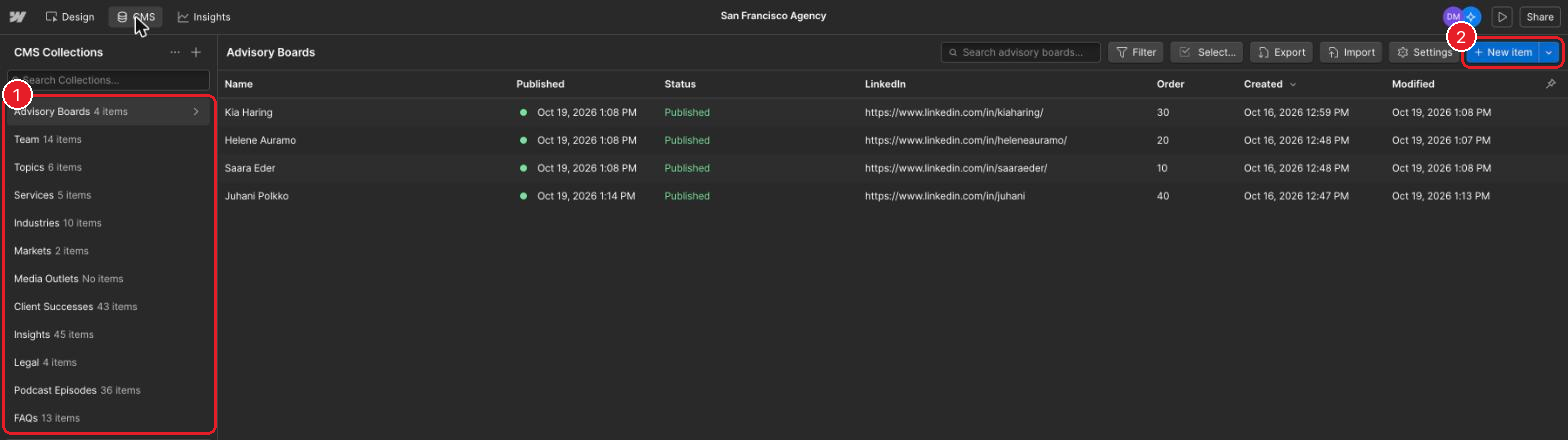 The CMS tab with the list of collections on the left and the New item button at top right