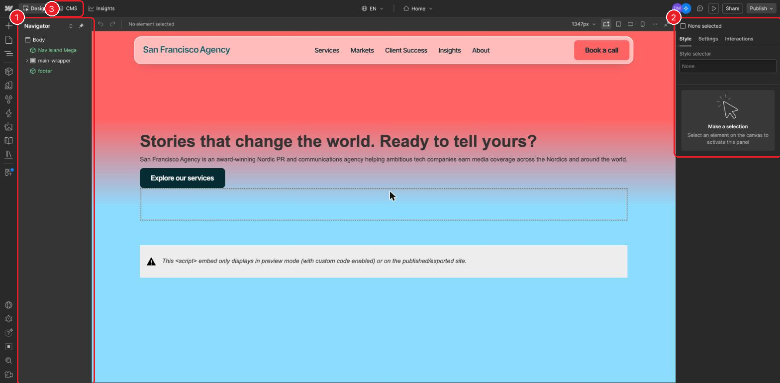 Webflow Designer with the Navigator panel on the left, the Style panel on the right and the CMS tab at the top