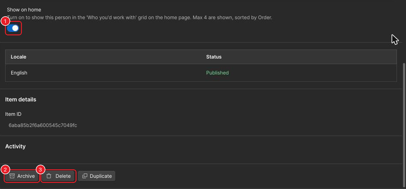 Bottom of a team member item with Archive, Delete and Duplicate buttons