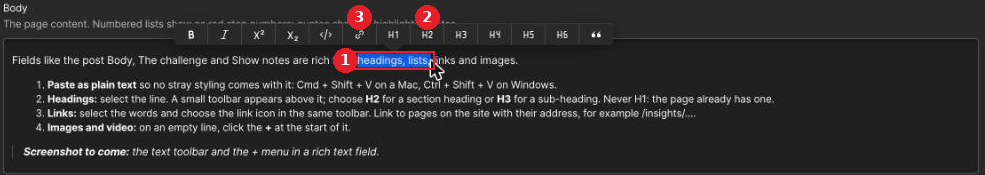 Text selected in a rich text field, with the formatting toolbar above it
