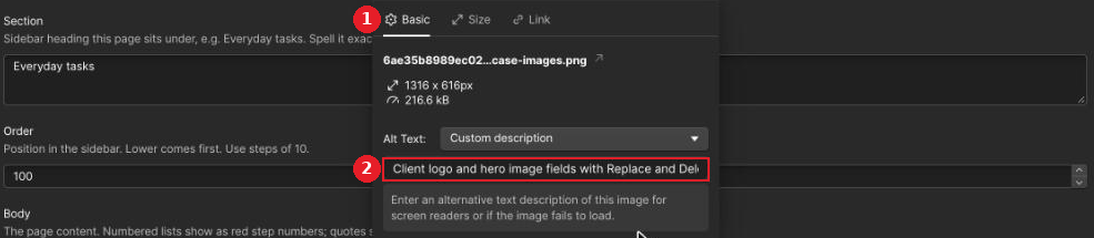 Image settings panel with the Alt Text box