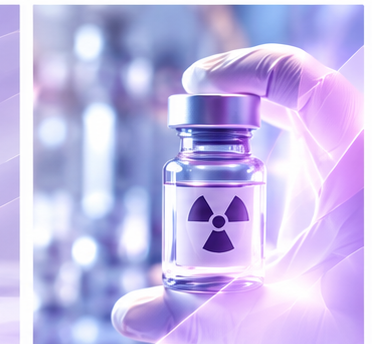 Gloved hand holding a radiopharmaceutical vial