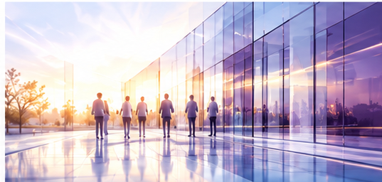 Professionals walking through a light glass operational environment