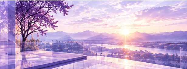 Reflective glass terrace with a purple-blossomed tree and mountain landscape