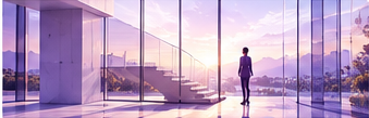 Contemplative figure in a luminous glass corridor