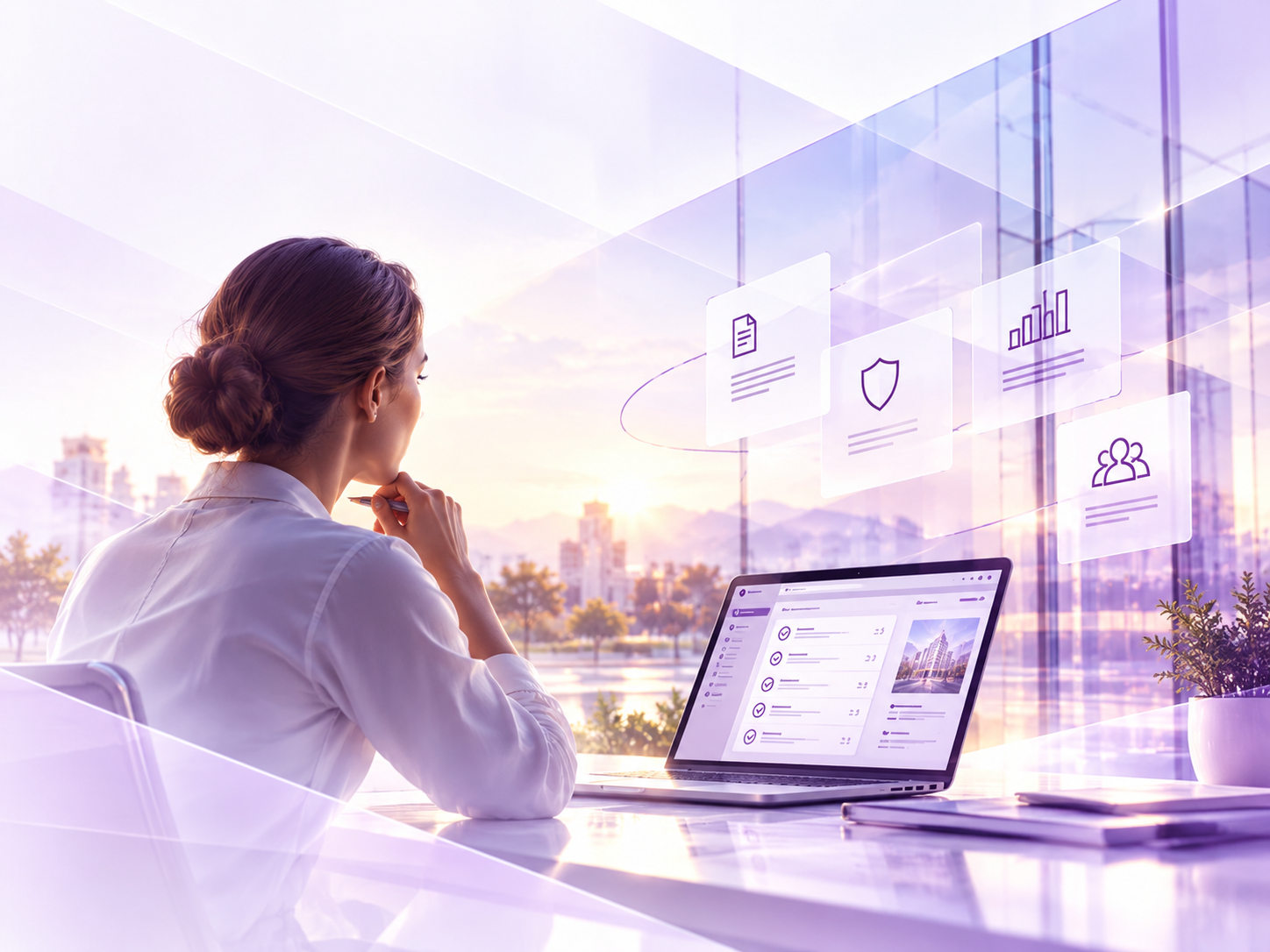 Contemplative professional reviewing information in a luminous glass environment