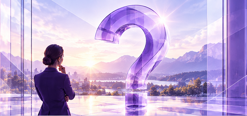 Contemplative professional facing a large translucent question mark
