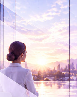 Professional in a luminous glass environment looking across a landscape