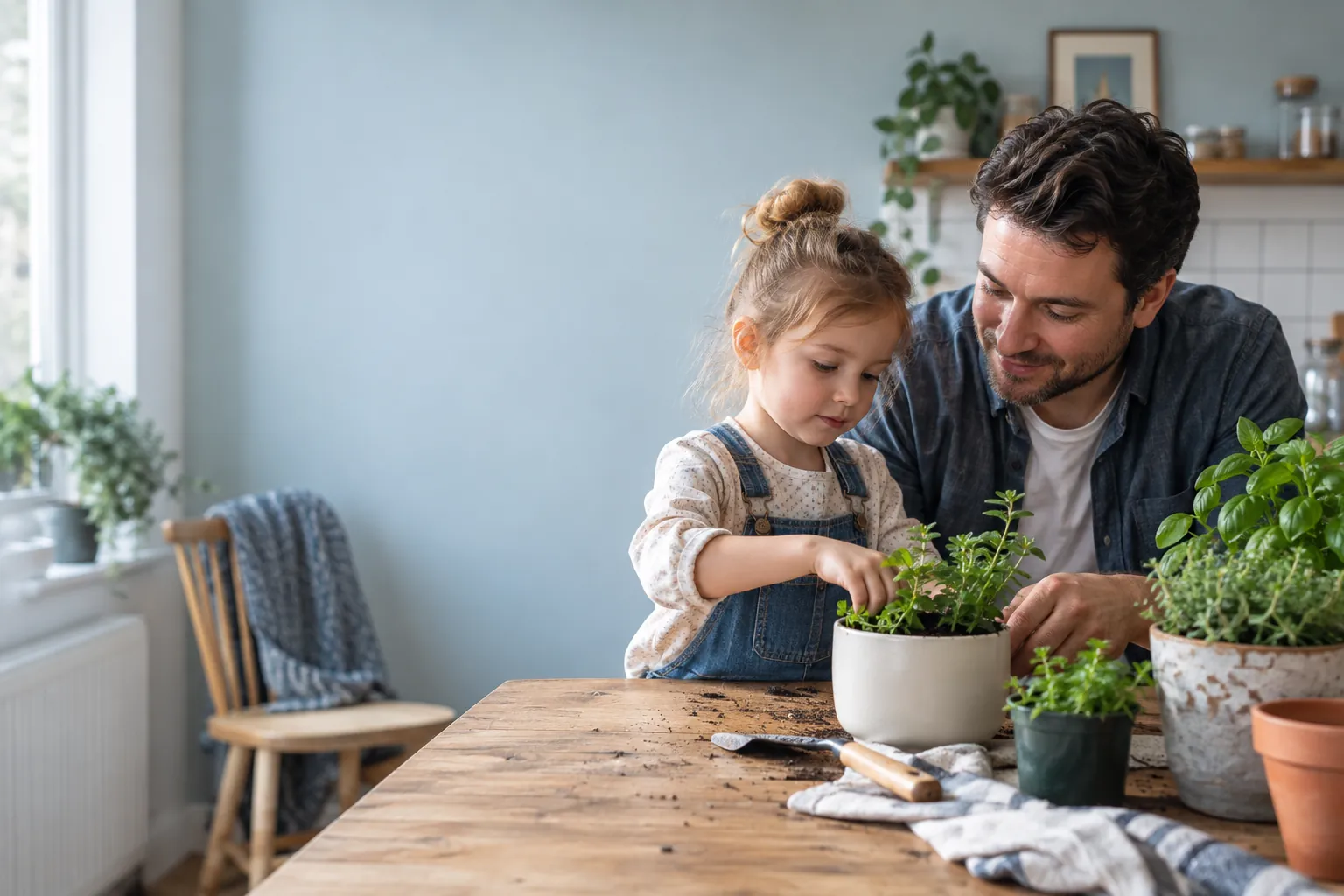 A father and daughter planting herbs together at home