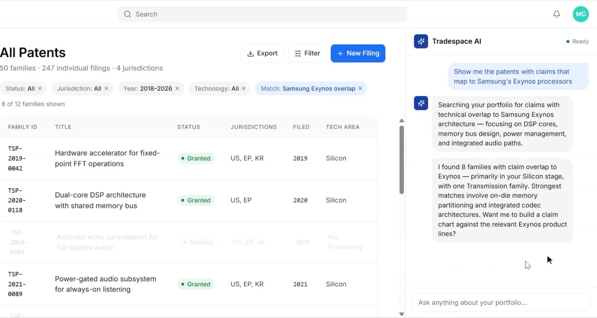 Tradespace AI searching a patent portfolio for claims that overlap a competitor's processors and returning the matching families.