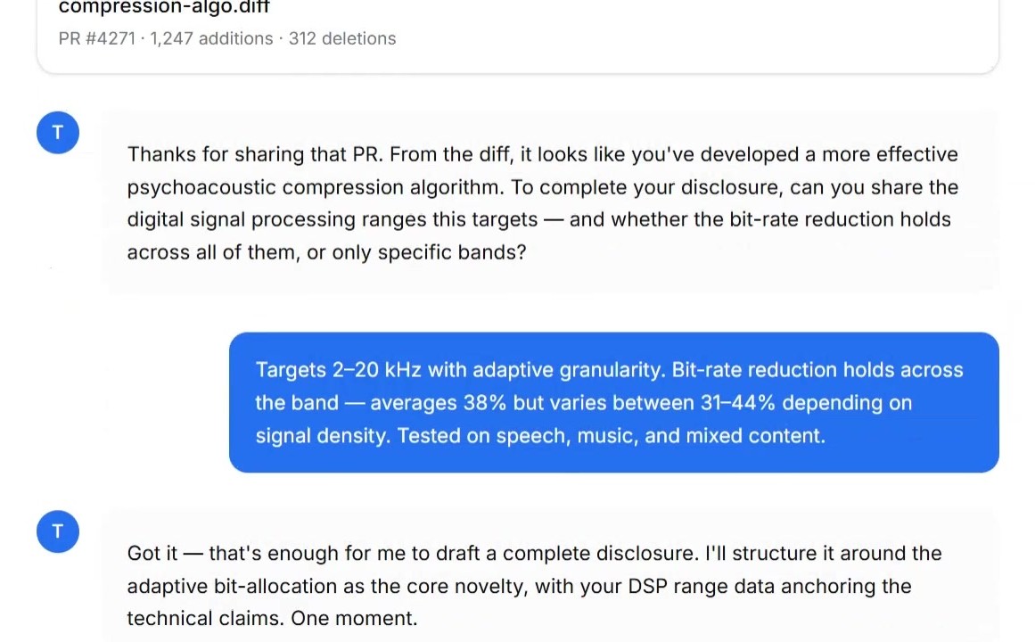 Tradespace reads a pull request, asks the inventor which signal ranges the compression targets, and confirms it has enough to draft the disclosure.