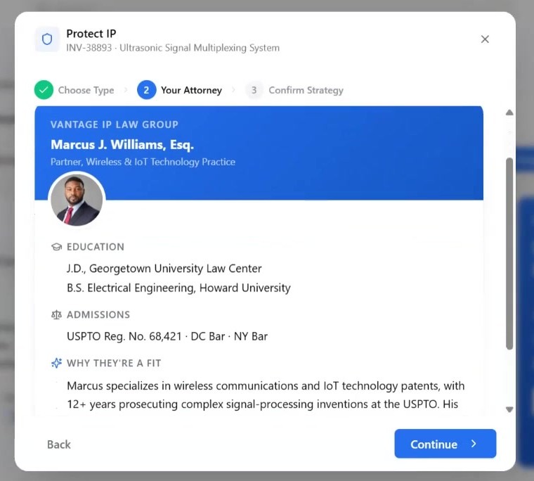 The Protect IP flow showing the matched attorney, with education, bar admissions, and why they are a fit for the invention.