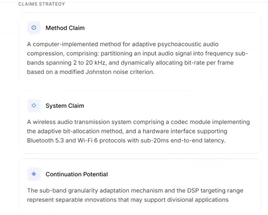 The claims strategy section of a generated disclosure: a method claim, a system claim, and continuation potential.