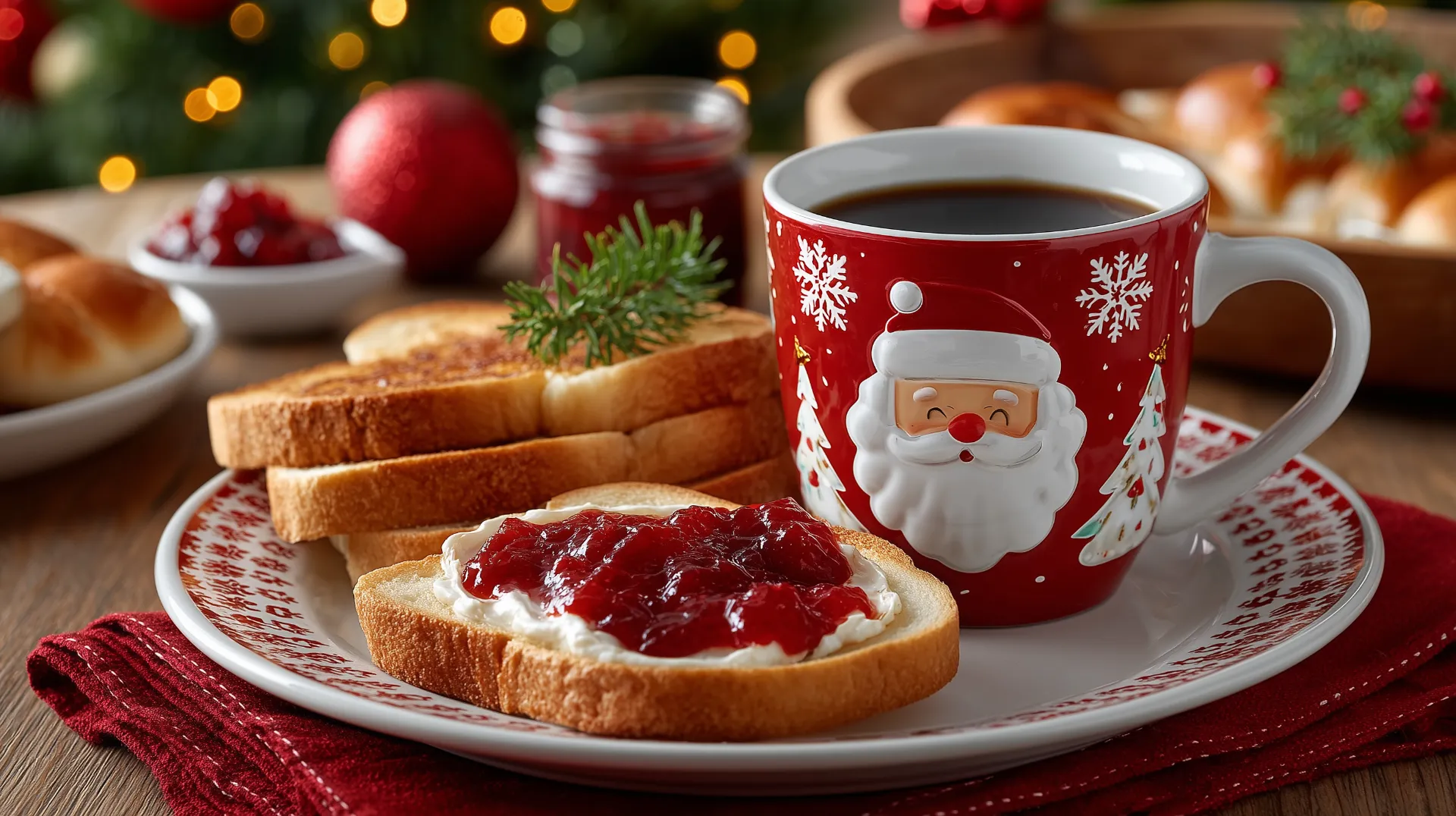 Festive breakfast plate of toast with jam beside a red Santa mug of coffee