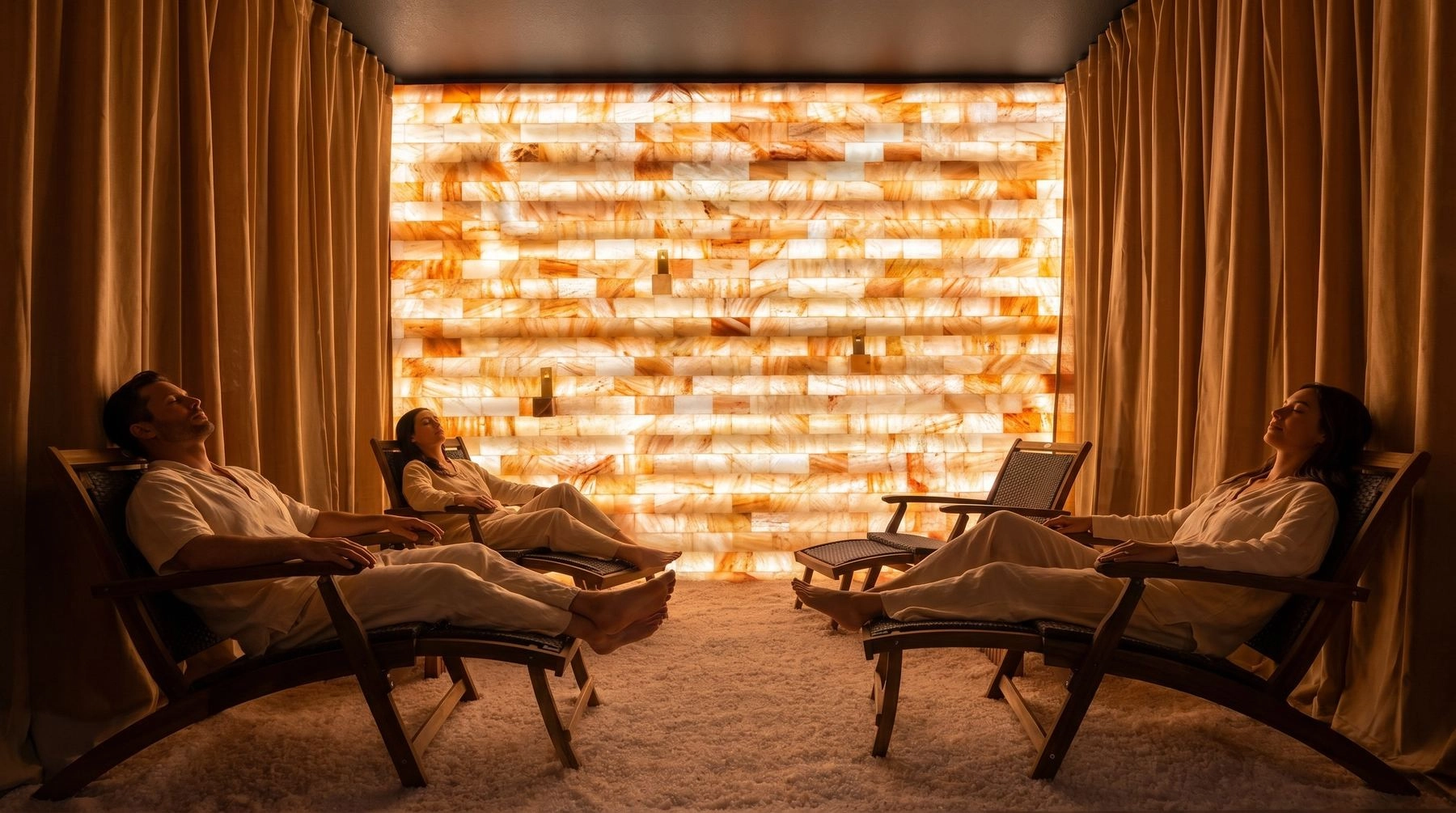 Guests reclining on loungers in a salt cave facing a glowing salt-brick wall