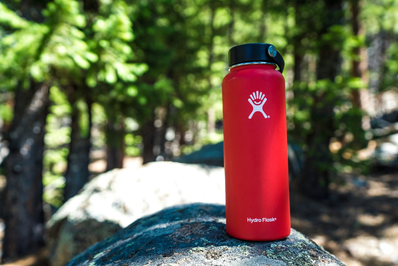 Red insulated water bottle on a boulder among pine trees, a trip essential