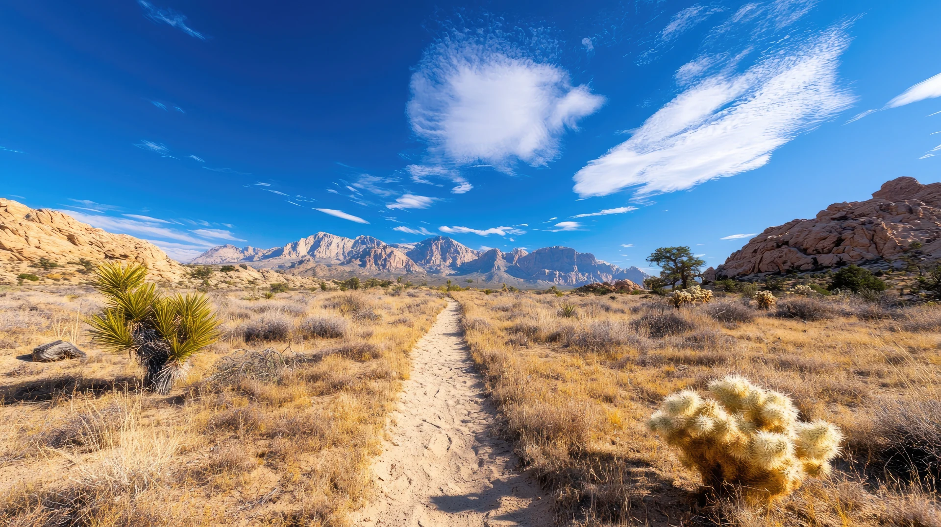 Narrow sandy desert trail with cholla and yucca beneath wide blue skies