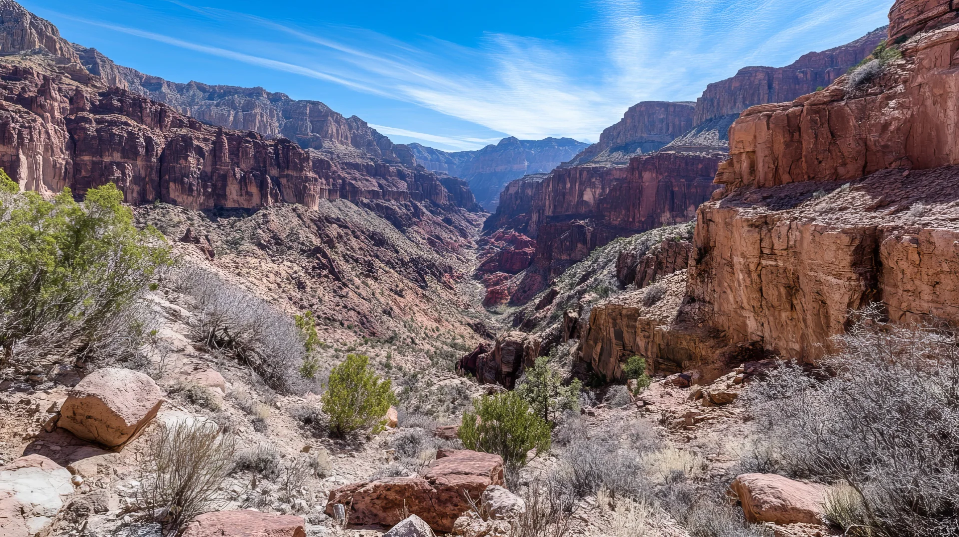 Rugged red rock canyon and rocky trail viewpoint under a bright blue sky