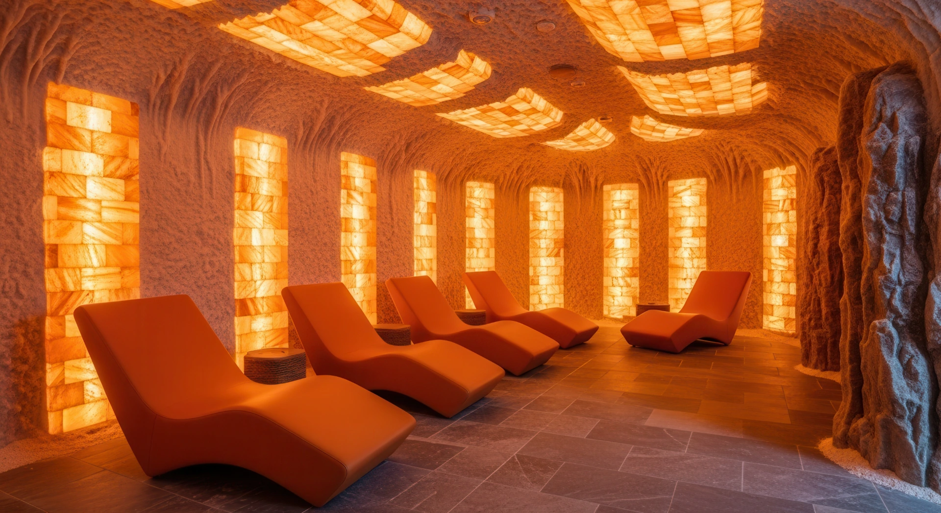 Salt cave relaxation room with orange chaise loungers and glowing salt panels along the walls