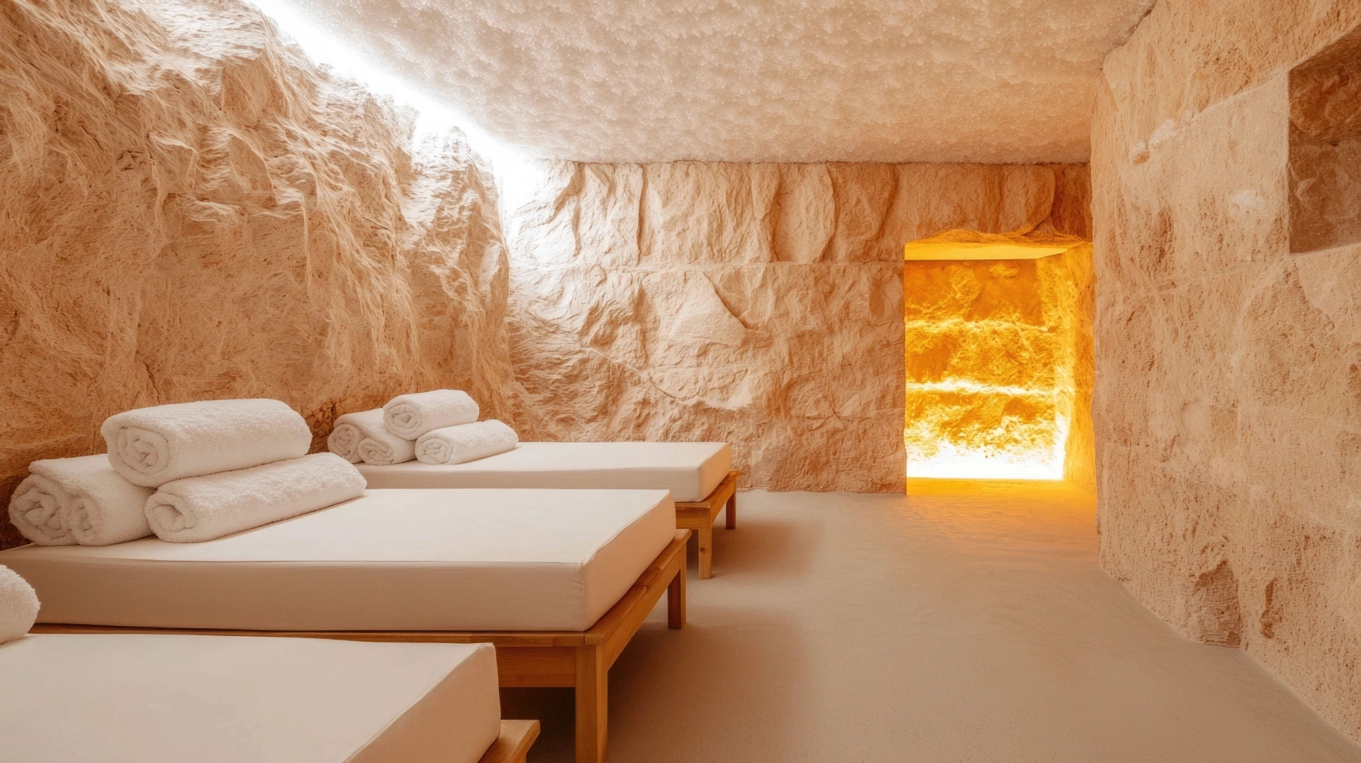 Spa treatment room with white towels on massage tables and a glowing salt alcove