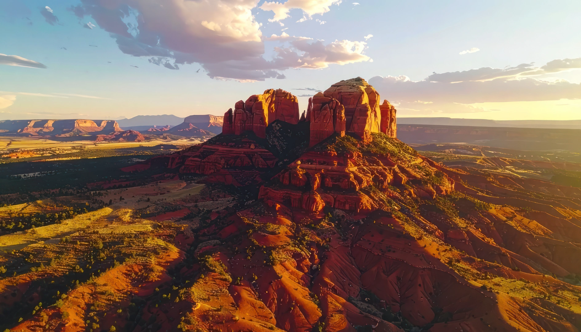 Cathedral Rock buttes glowing in golden evening light above the Sedona valley