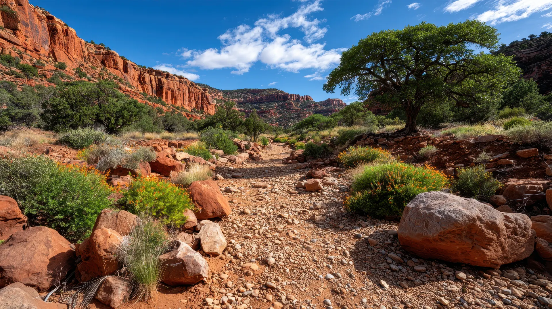 Quiet rocky desert trail through red rocks and a shady tree on a clear morning