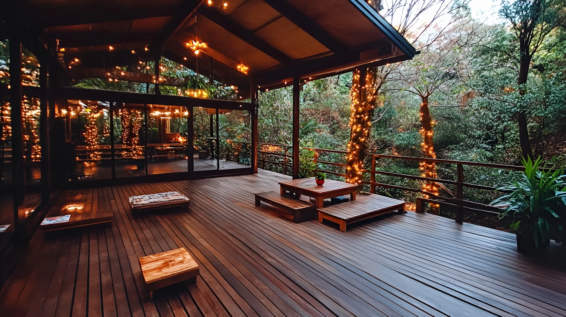 Covered wooden deck strung with warm lights and low tables among trees