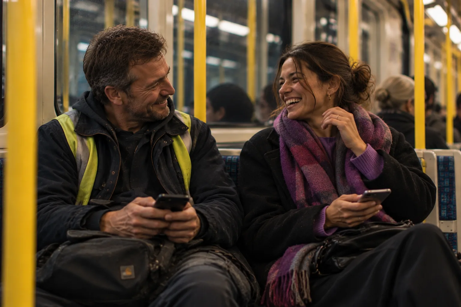 Two commuters on a train smiling at each other while holding their phones