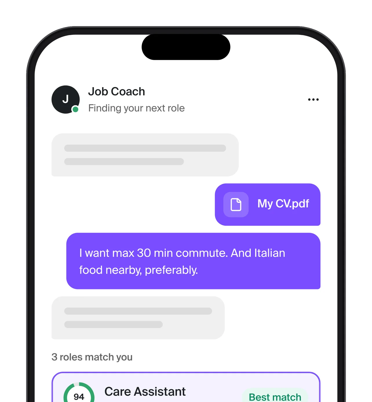 Job Coach conversation on a phone with three matched roles