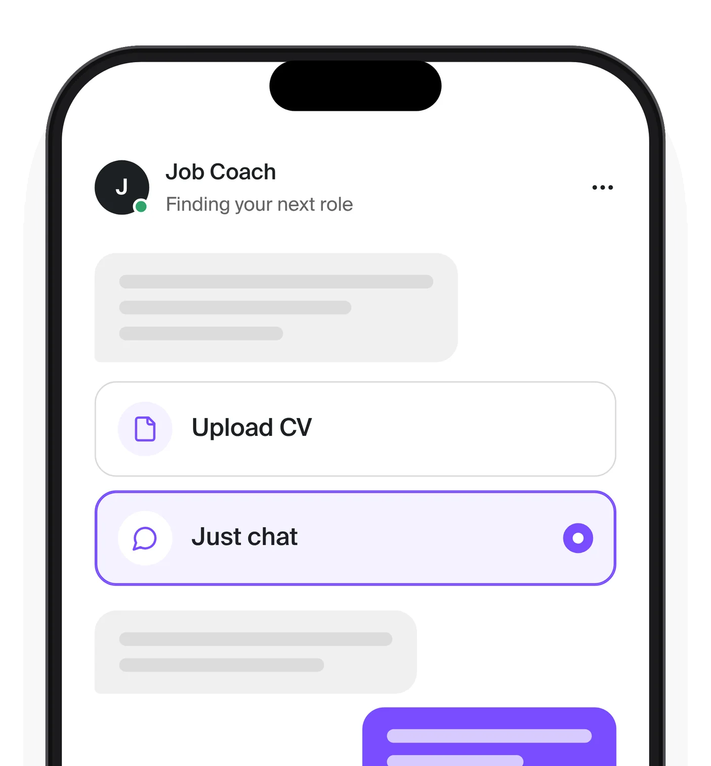 Job Coach offering to upload a CV or just start chatting