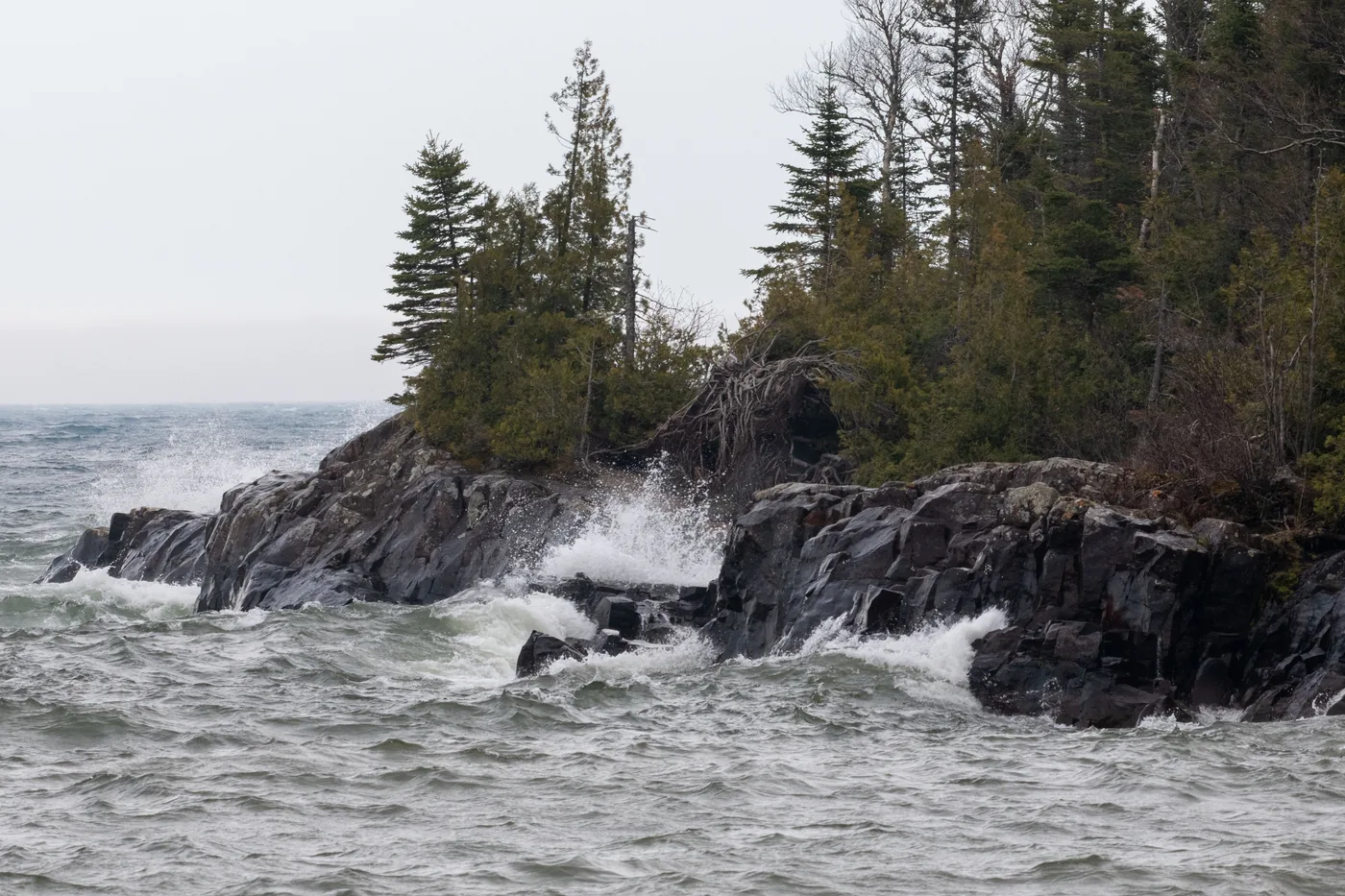 Waves breaking on a rocky island on Lake Superior