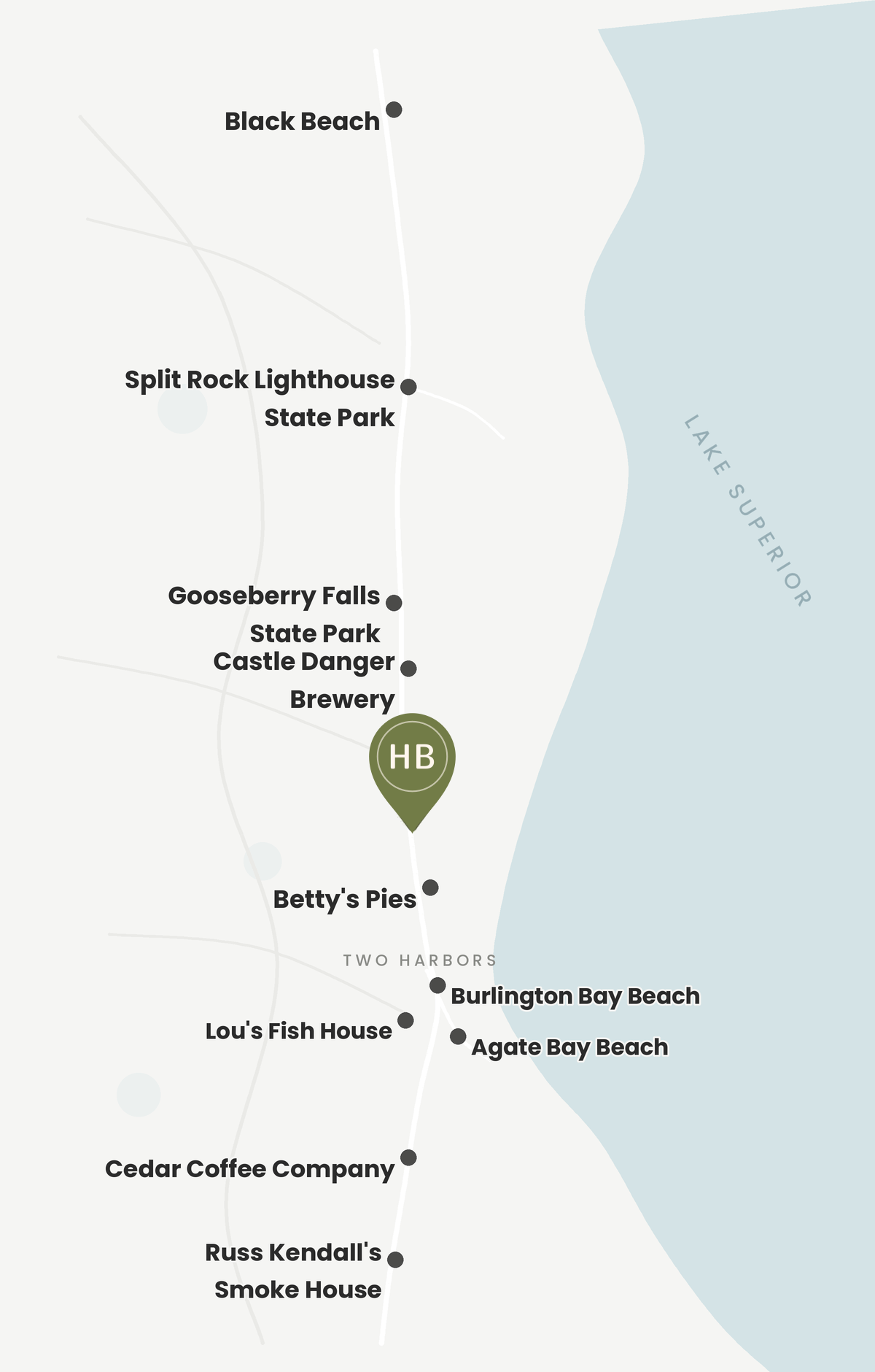 Map of the North Shore from Two Harbors with the numbered favorite stops