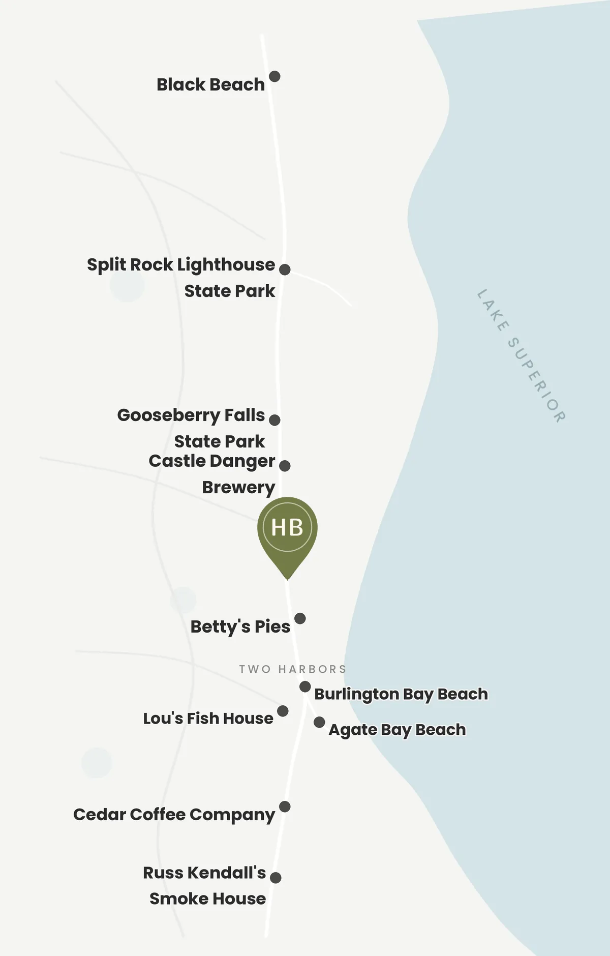 Map of Two Harbors and the Minnesota North Shore, with Hotel Boreal marked