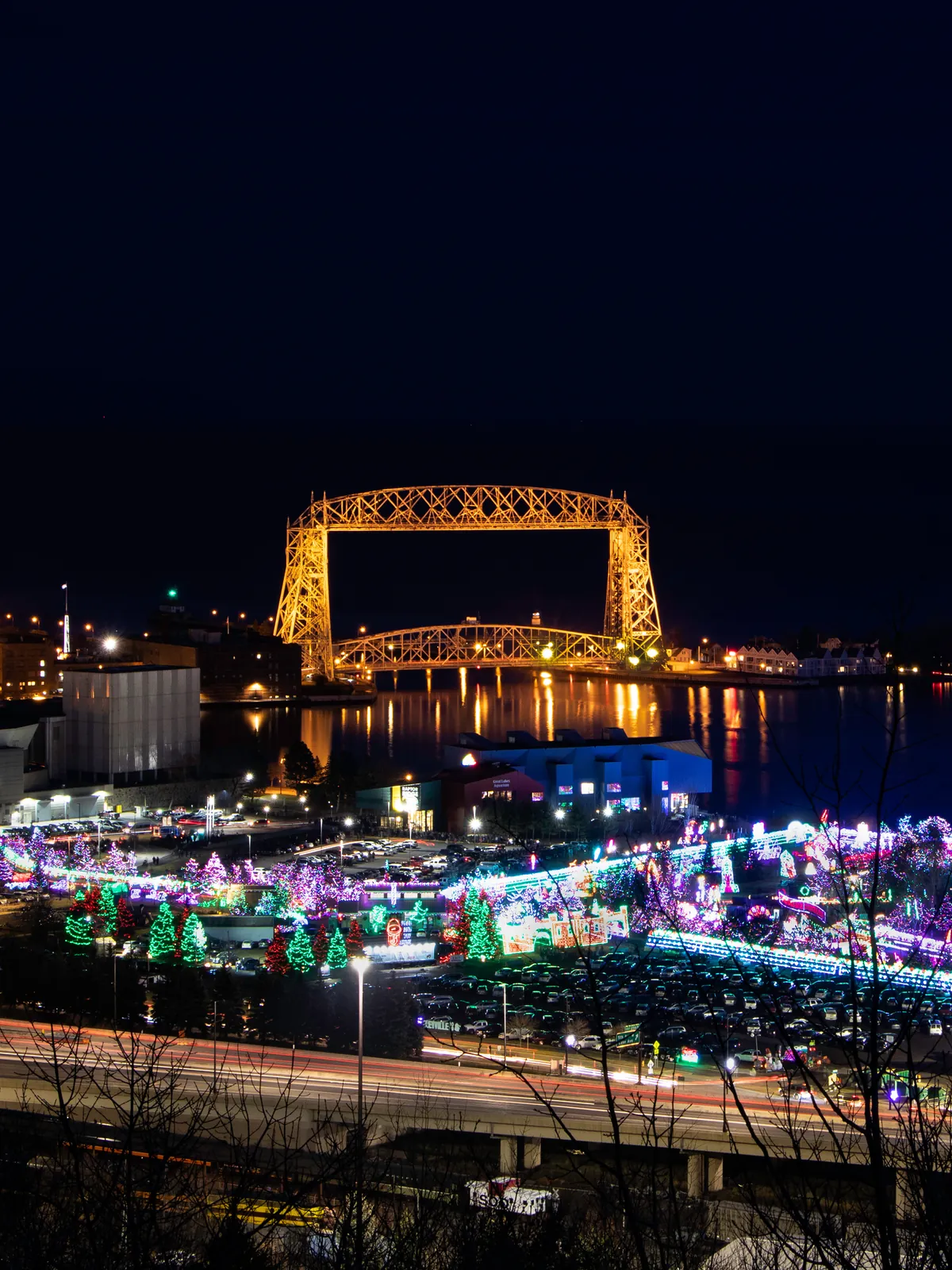Bentleyville Tour of Lights beneath Duluth’s Aerial Lift Bridge