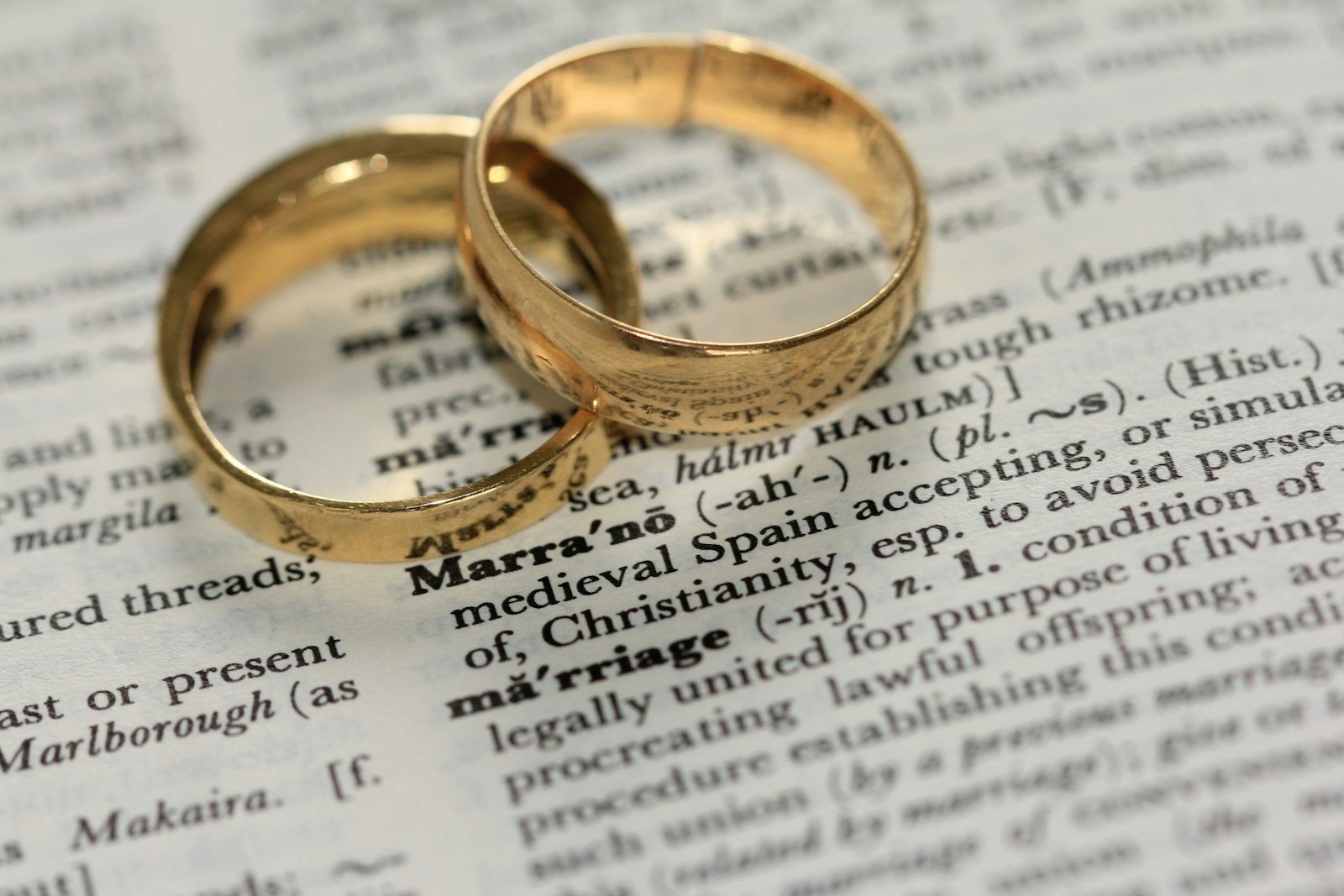 Two gold wedding rings resting on an open dictionary