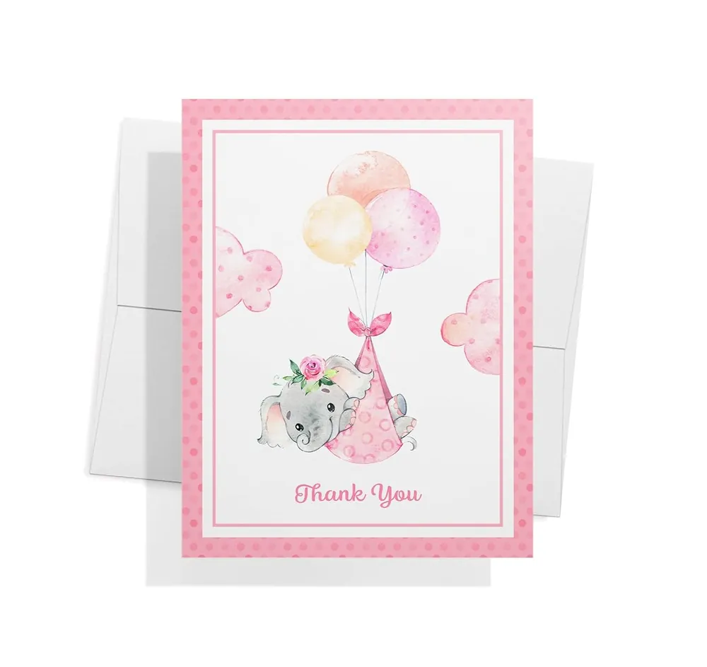 Baby Girl Elephant Thank You Cards