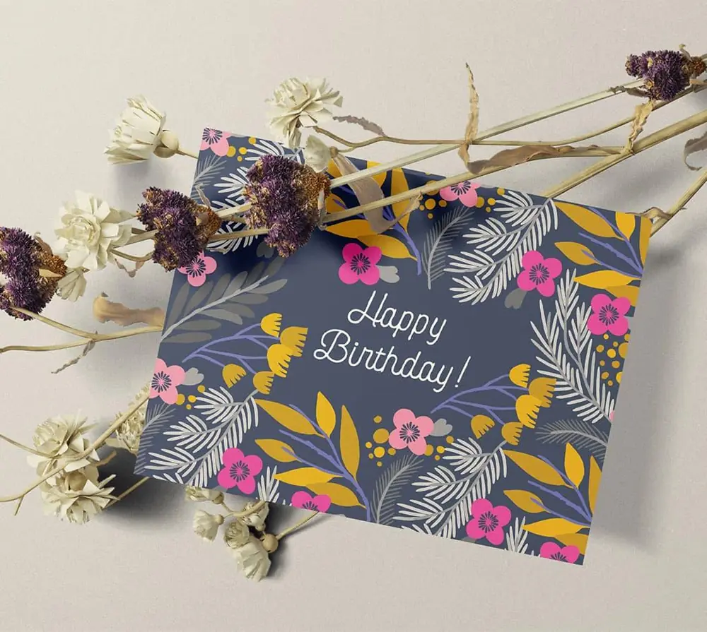 Floral happy birthday card with dried flowers