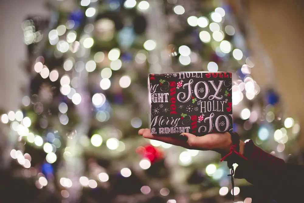 A wrapped Christmas gift held in front of a lit tree