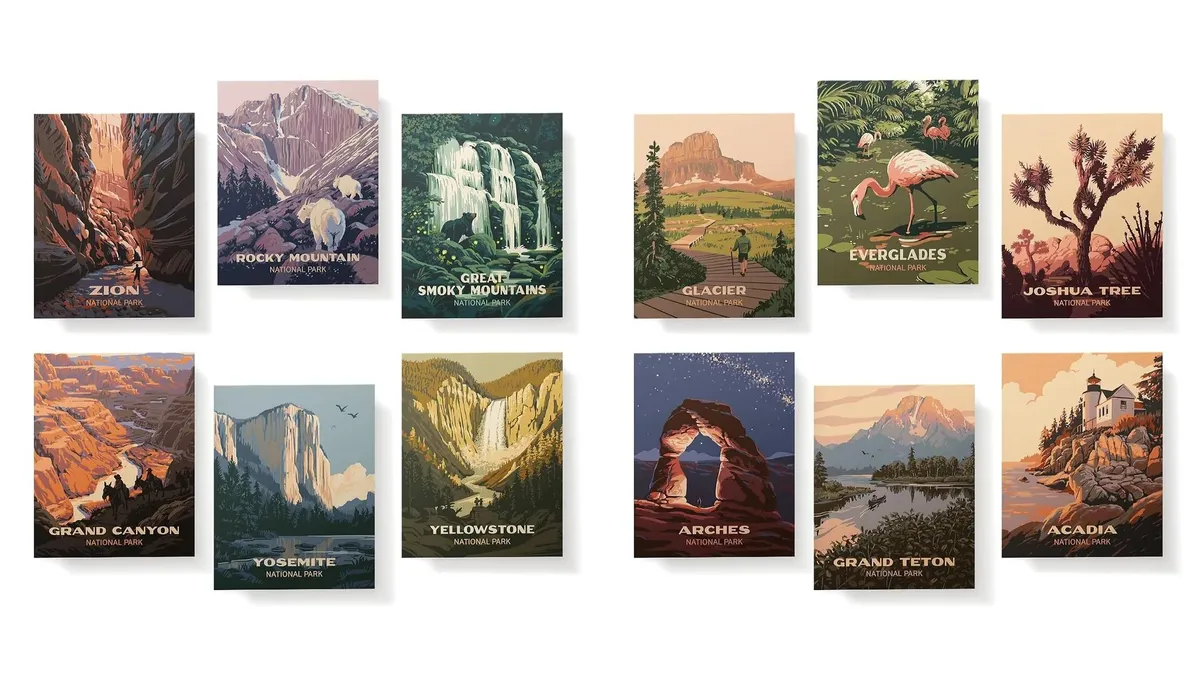 Twelve Vintage National Park cards illustrated by Kenneth Crane, including Zion, Yosemite, Grand Teton and Acadia