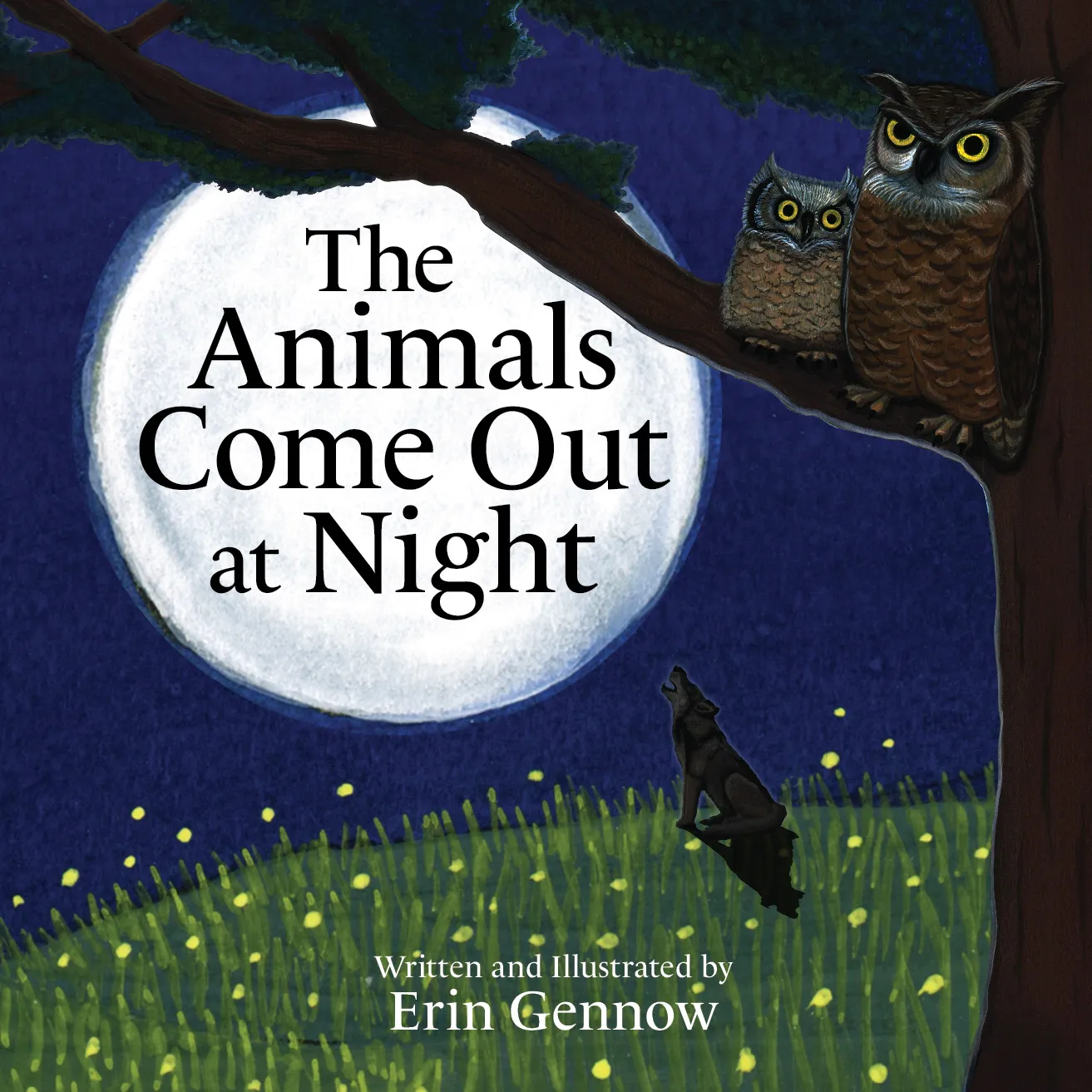 Cover of The Animals Come Out at Night: two owls on a branch under a full moon.