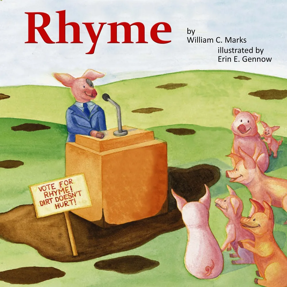 Cover of Rhyme: A Pig in Politics: a pig in a suit speaking at a podium.