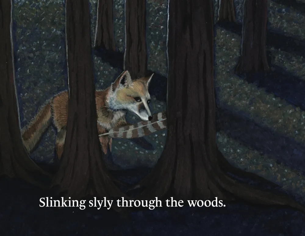 A fox slinking between dark tree trunks in the moonlight, with the line: Slinking slyly through the woods.